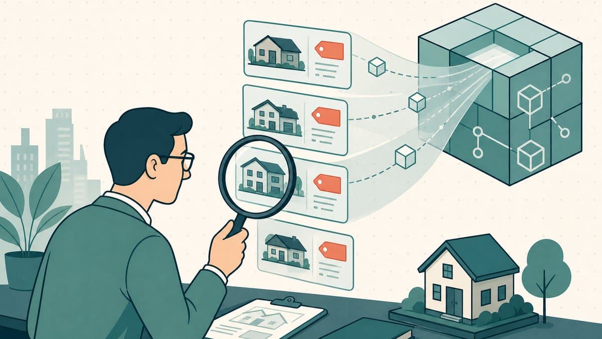 Editorial illustration of an appraiser figure with a magnifying glass reading a transparent on-chain ledger of recent comparable-sale price tags flowing out of a blockchain cube