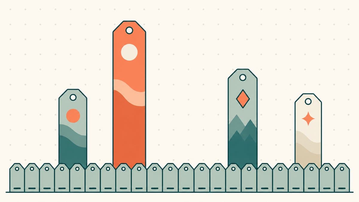 Editorial illustration of a price chart with a flat floor baseline of many equal small name-tiles and a few standout premium tiles rising high above the line