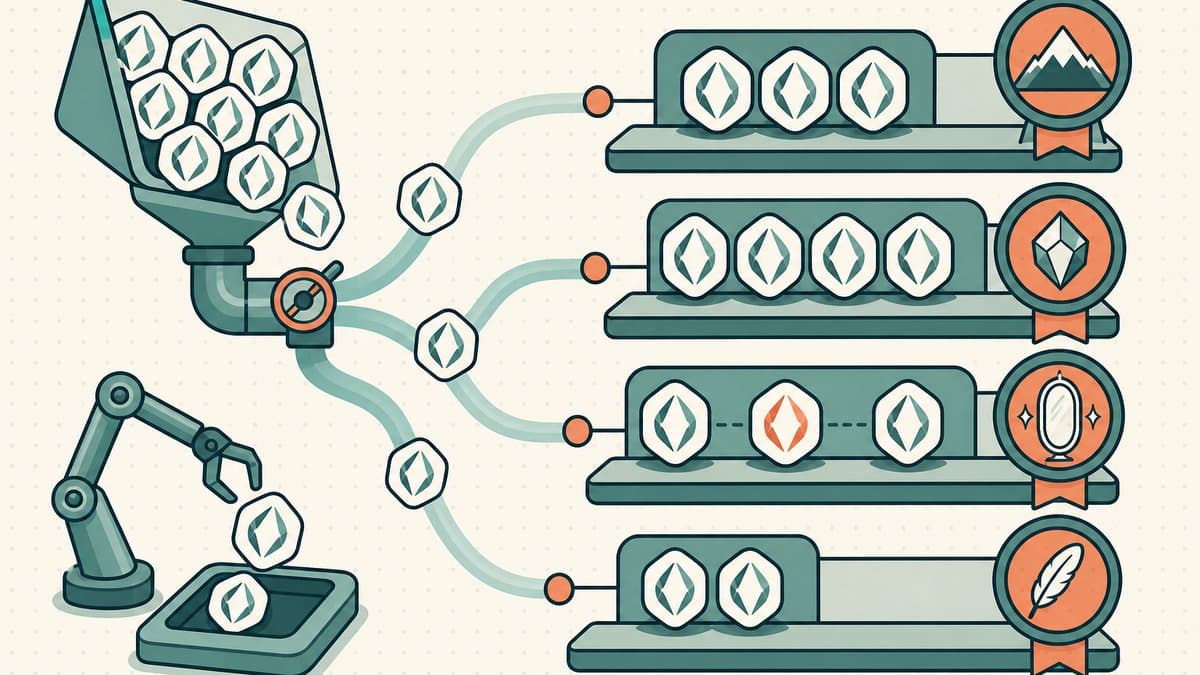 Editorial illustration of ENS-style name tokens being sorted into rarity tiers as ranked badge shelves — a three-digit tier, a four-digit tier, a palindrome, and a short-name