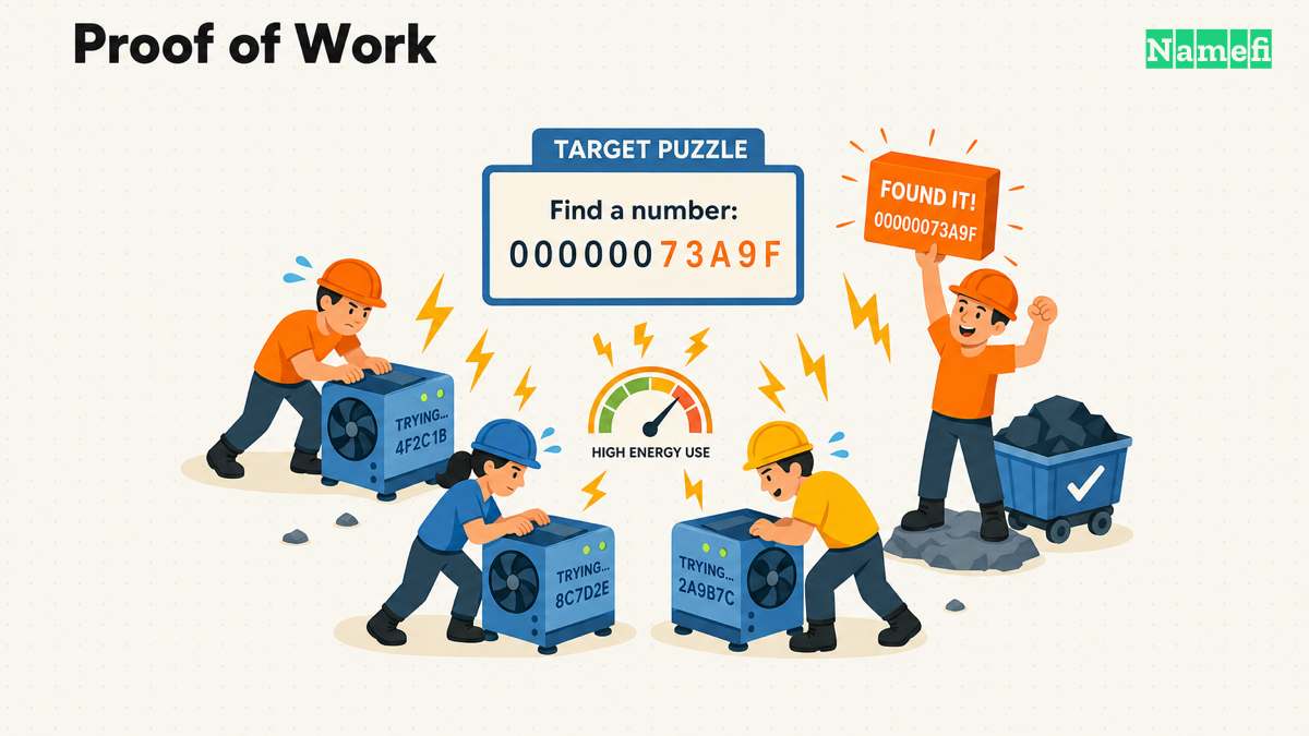 Several miners racing to solve the same hash puzzle, one holding up a block reading "found it!" while lightning bolts show the high energy cost of mining
