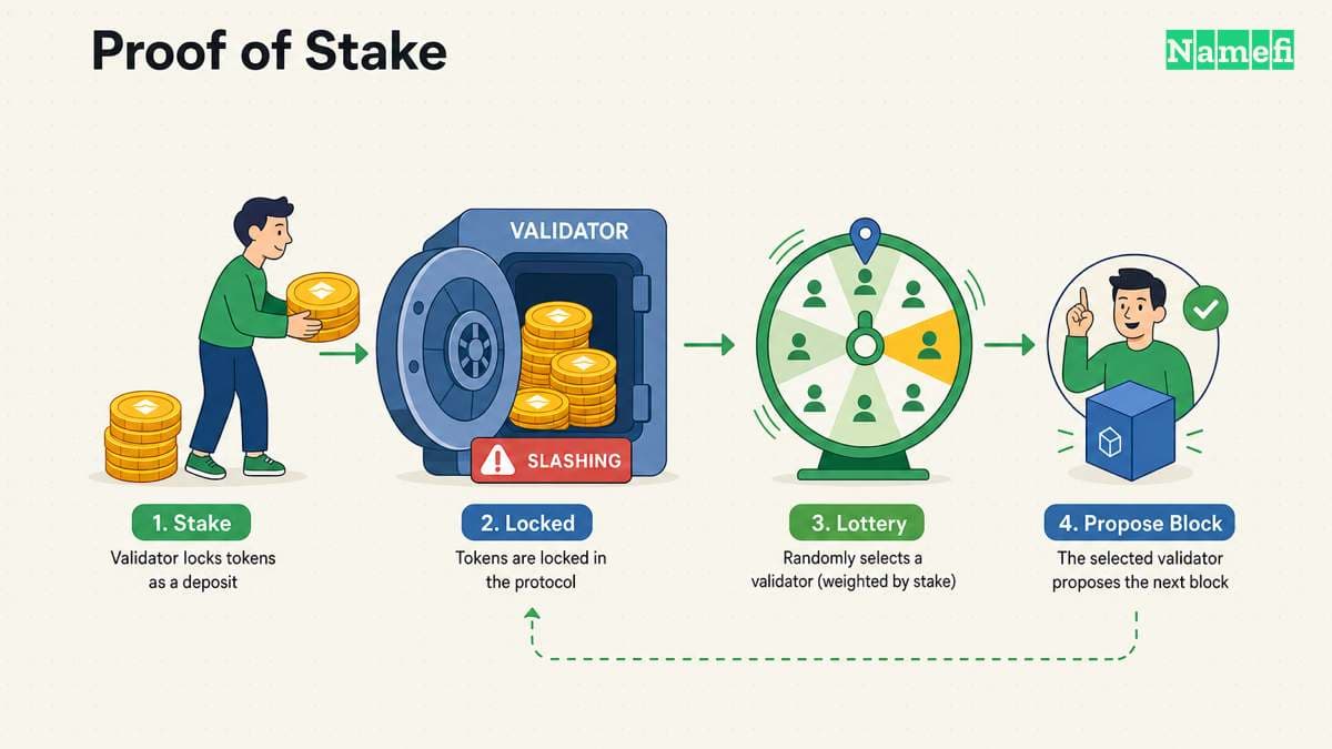 A validator locking a stack of coins into a vault as a staked deposit, then being picked by a lottery wheel to propose the next block, with a slashing warning tag on the vault