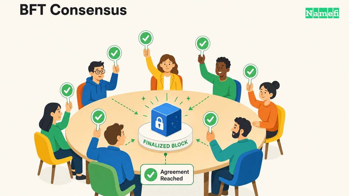 A council of validators around a table where more than two-thirds raise green check paddles in agreement, instantly finalizing a block shown with a lock icon