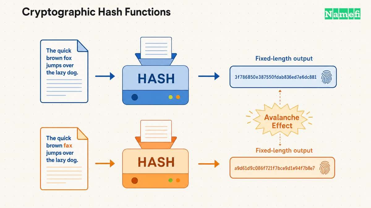 A document fed into a hash function machine produces a fixed-length fingerprint digest, and changing a single letter in the input produces a completely different digest, illustrating the avalanche effect