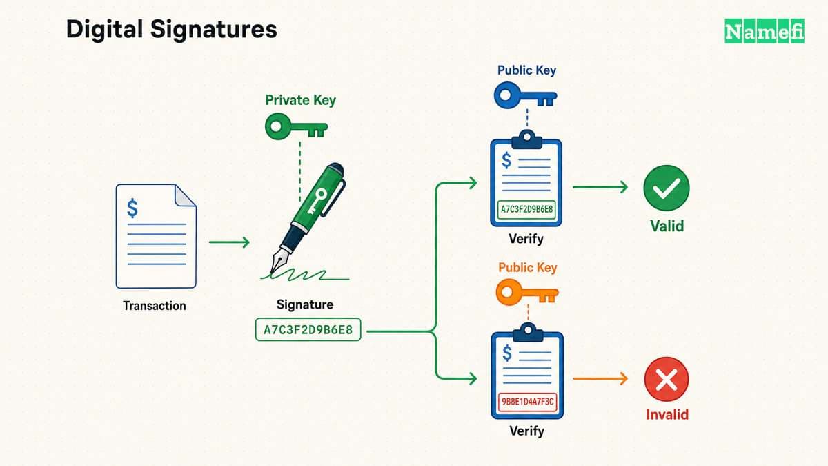 A private key signs a transaction to produce a digital signature, which a matching public key verifies as valid with a green checkmark while a mismatched public key rejects it with a red X