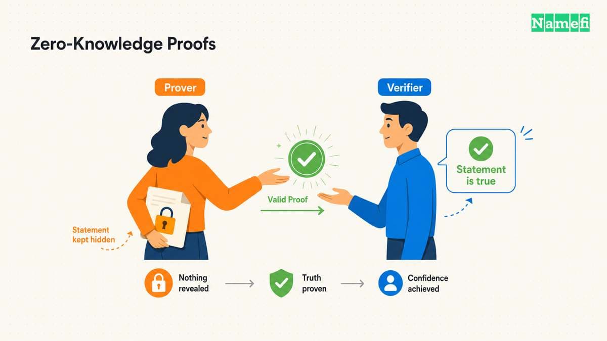 A prover hands a verifier a glowing valid-proof badge while keeping a document locked behind their back, illustrating how a zero-knowledge proof convinces without revealing the underlying statement