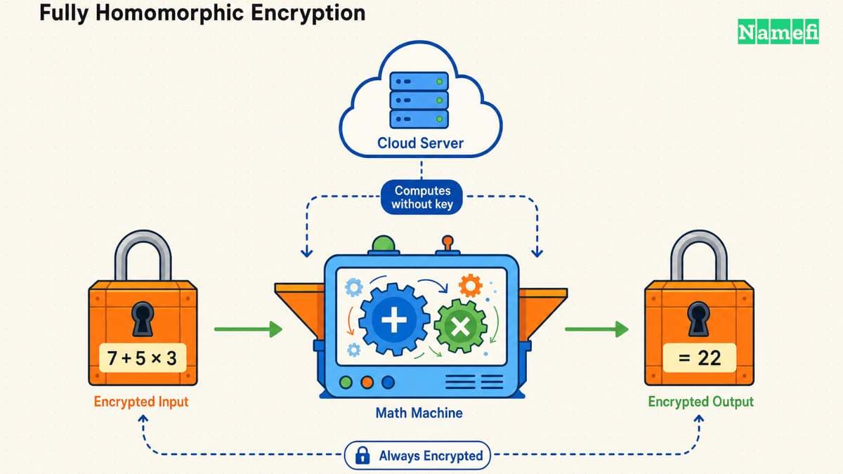 A locked box passes through a math machine operated by a cloud server with no key and comes out still locked but holding a computed result, illustrating computation performed directly on encrypted data