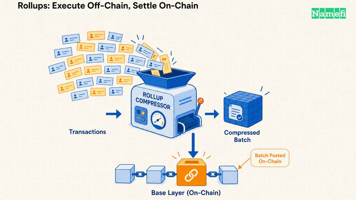 Flat-vector diagram of many small transaction tickets funneled into a compactor labeled "Rollup Compressor" that squeezes them into a compressed batch cube, which is then posted down onto a base-layer chain of linked blocks