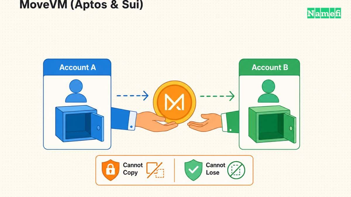 Flat-vector diagram of a coin treated as a physical resource passed hand-to-hand between two account boxes, with "cannot copy" and "cannot lose" guard badges illustrating Move's resource model