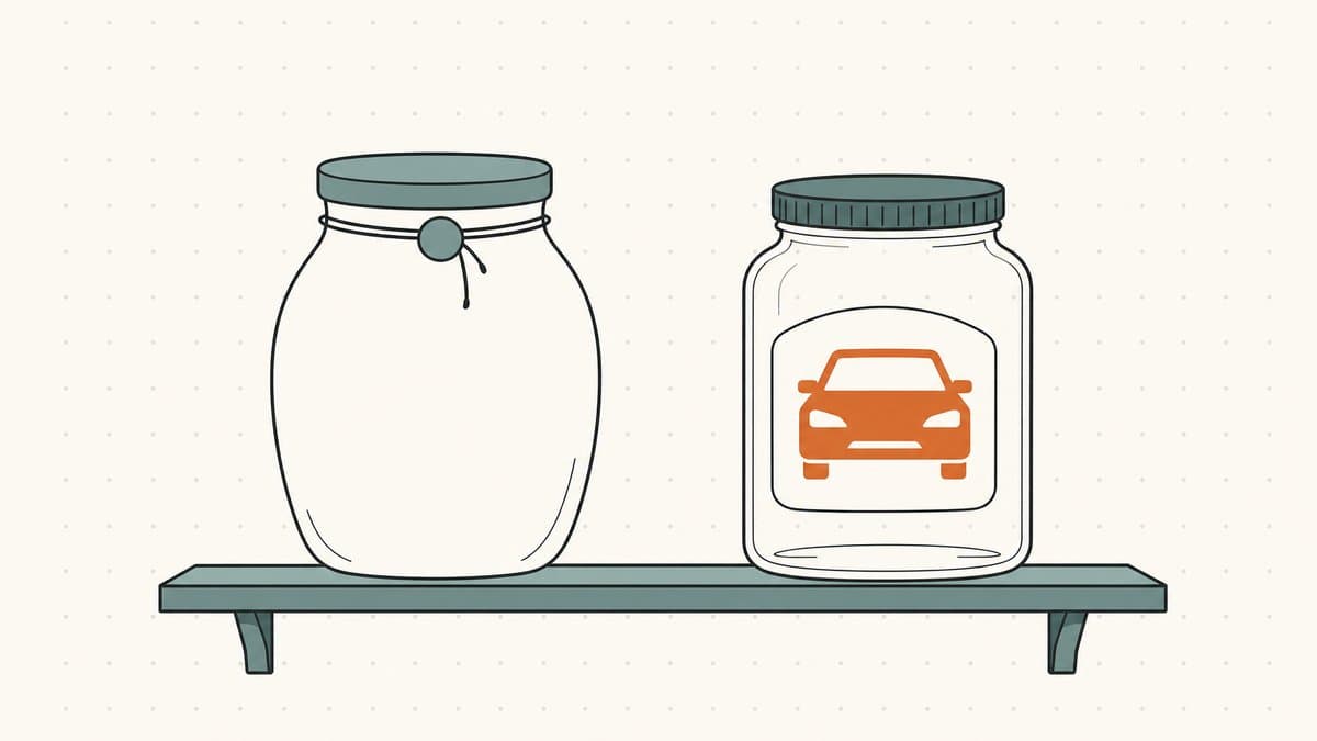 Editorial illustration of two domain names as jars: a blank unlabeled jar for an invented brandable name beside a clear jar labeled with a category icon for a keyword name