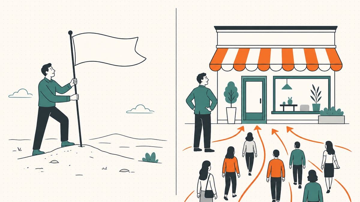 Editorial illustration of two domain buyers: a founder planting a blank flag on fresh ground versus an operator at a storefront drawing in foot traffic