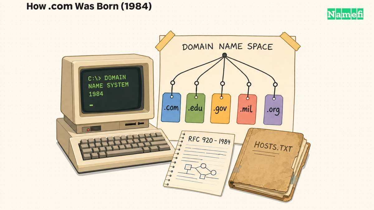 A 1980s computer beside a domain-name-space tree branching into .com, .edu, .gov, .mil and .org, with an RFC 920 (1984) note and the retired HOSTS.TXT file — how .com was born