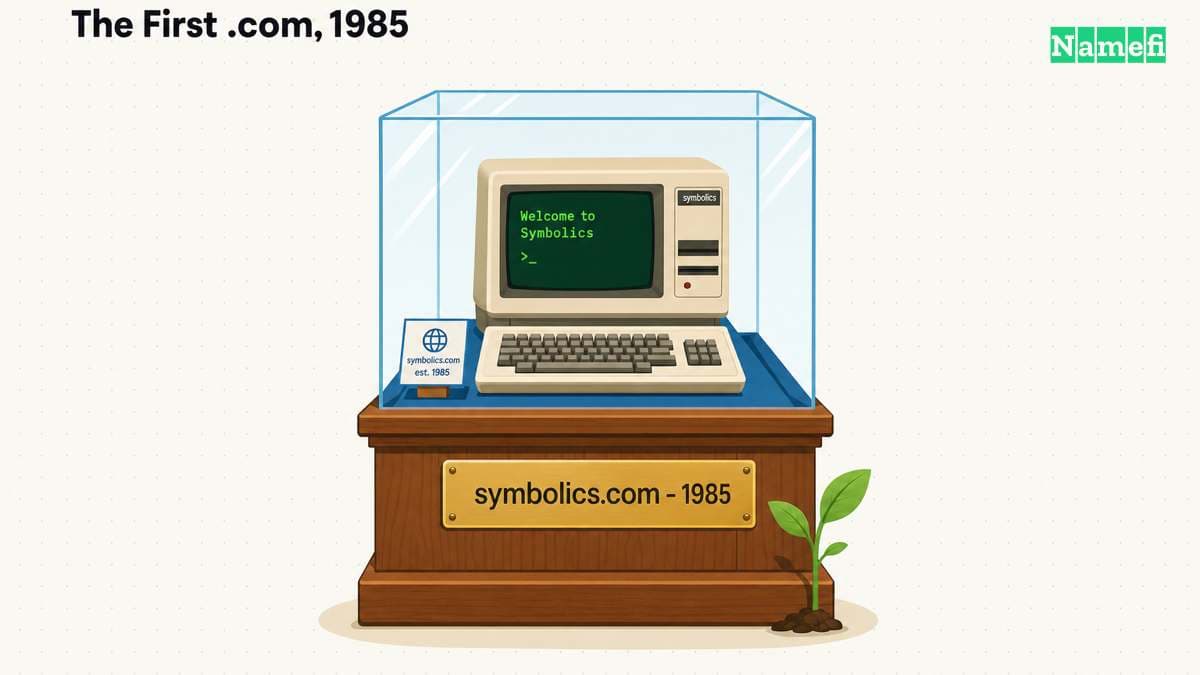 The first .com preserved like a museum piece: a 1980s Symbolics computer under glass with a plaque reading symbolics.com — 1985 and a green sprout showing the address still resolves