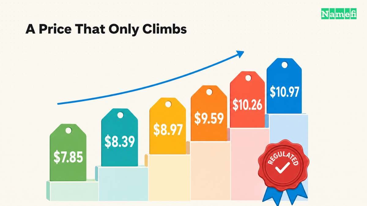 A rising staircase of .com price tags from $7.85 to $10.97 marked with a 'regulated' seal — the contractually guaranteed climb of the wholesale price