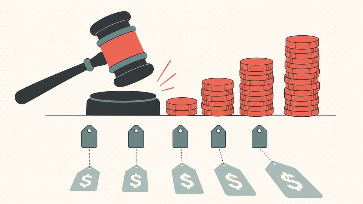 Editorial illustration of a judge's gavel beside rising coin stacks, with a row of domain-name tags each casting a dollar-mark shadow