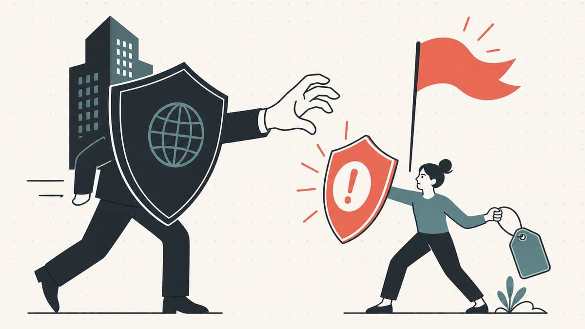 Editorial illustration of a large corporate brand shield grabbing for a small generic domain tag held by a smaller figure who raises a warning shield and flag to stop it