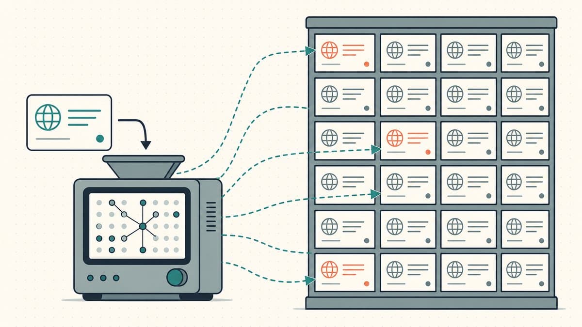 Editorial illustration of a domain name card fed into a pattern-matching machine that compares it against a grid of past sale records