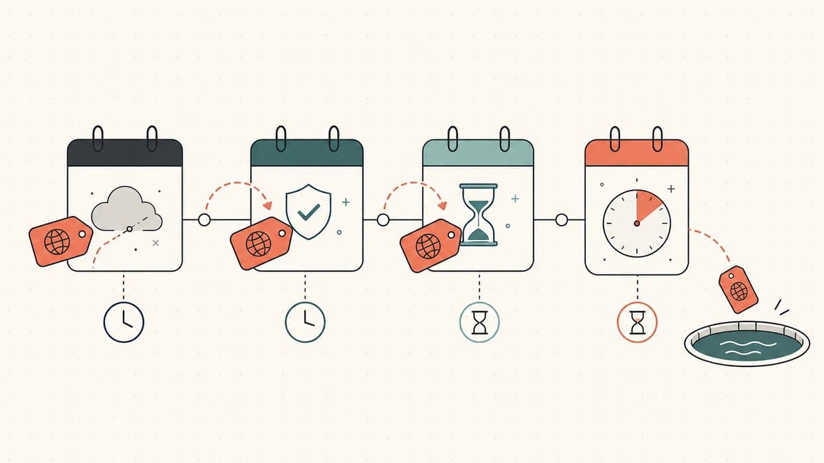 Editorial illustration of a domain name moving through a timeline of grace-period stages before falling into an open pool