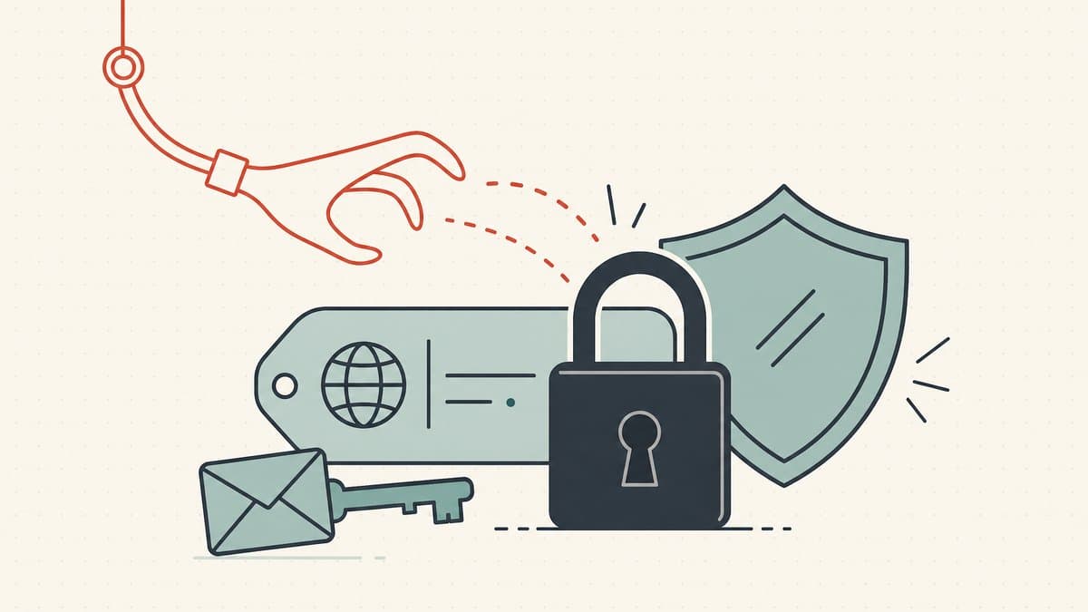Editorial illustration of a domain tag protected by a closed padlock and shield with an envelope-shaped key, while a red phishing hook is blocked