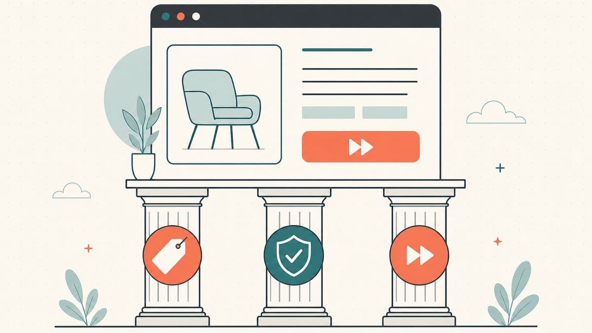 Editorial illustration of three pillars labeled price, trust, and a one-tap button holding up a domain for-sale storefront page