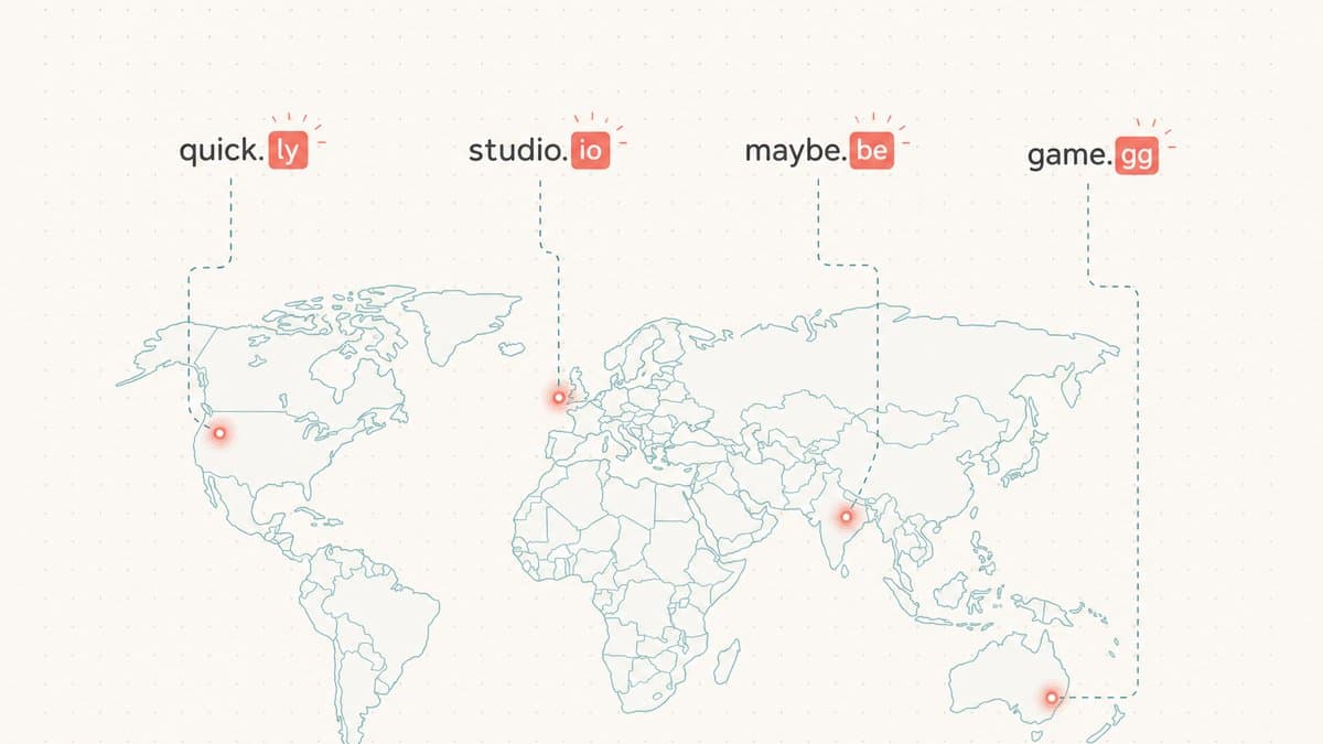 Editorial illustration of a pale world map with small glowing two-letter extension tiles lifting off countries and clicking on as the last syllable of floating English words like quick.ly, studio.io, maybe.be, and game.gg