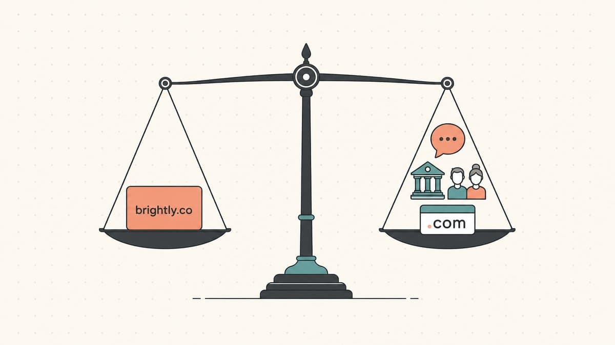 Editorial illustration of a short word-spelling domain resting on one pan of a balance scale, the other pan holding small icons for spoken clearly, registry stability, real buyers, and a matching .com