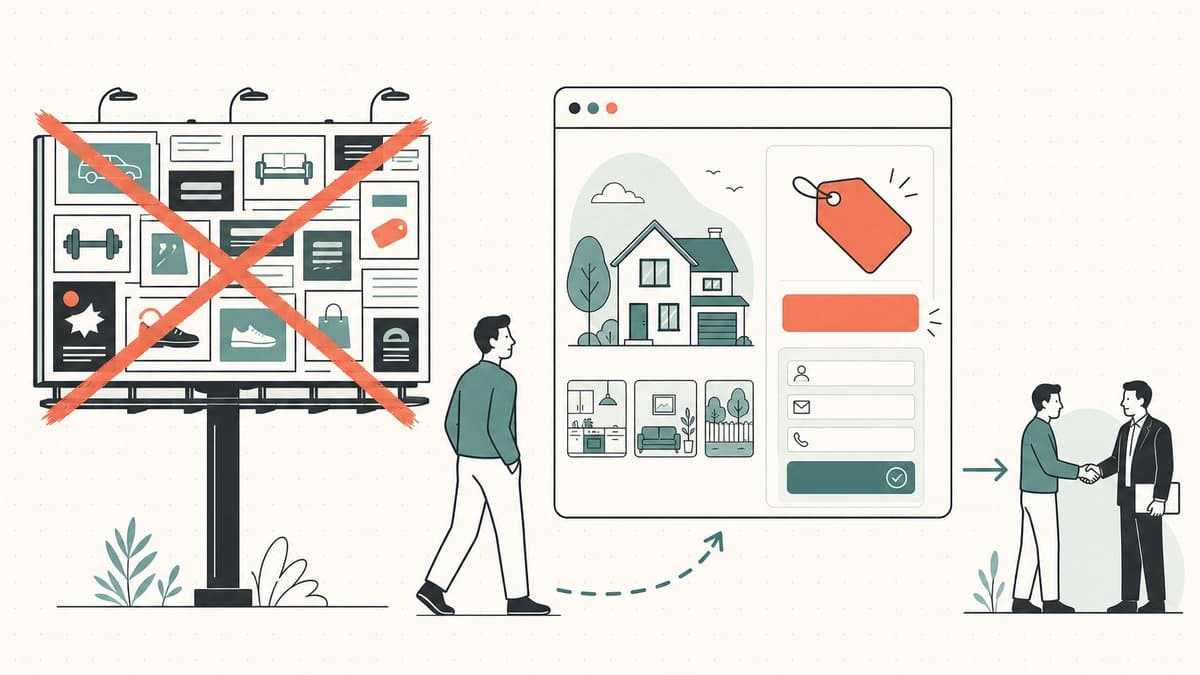 Editorial illustration of a crossed-out cluttered ad billboard beside a tidy for-sale storefront page with an offer button and inquiry form routing a buyer to a handshake