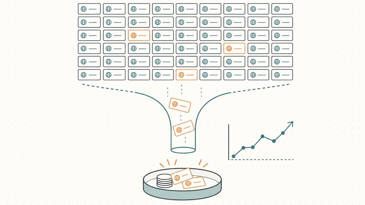 Editorial illustration of a grid of domain cards funneling down with only a few converting into a sold tray of coins beside a rising trend line