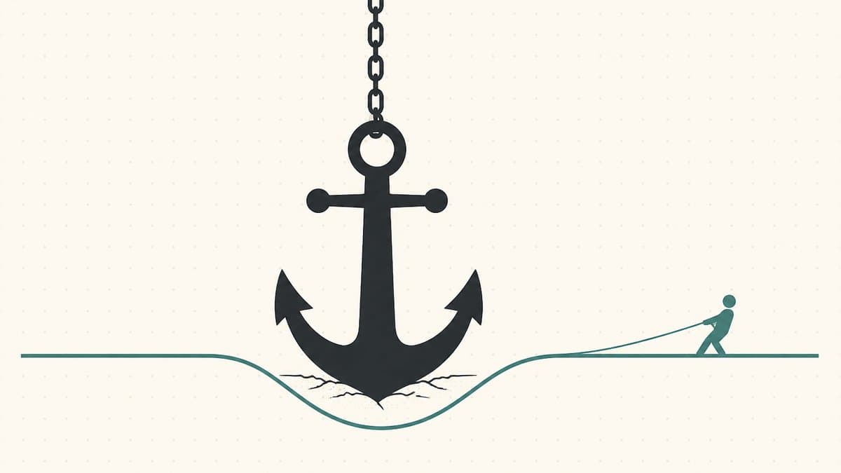 Editorial illustration of a heavy dropped anchor bending a negotiation line toward it while a small figure is pulled along