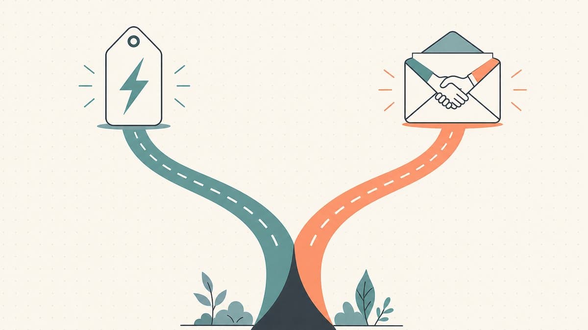 Editorial illustration of a forked path splitting toward a fixed price tag for instant buy-now and an offer envelope with a handshake for make-offer negotiation