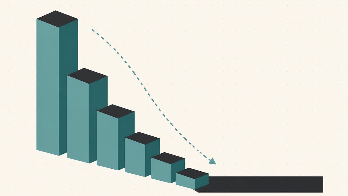Editorial illustration of a descending staircase of shrinking blocks stepping down toward a floor, with a dashed arrow tracing the smaller and smaller concessions