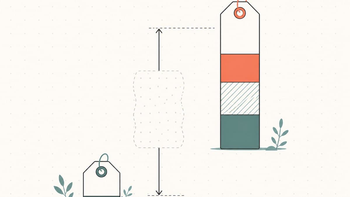 Editorial illustration of a wide price spread, a short low wholesale price tag and a much taller retail price tag with a dashed uncertain range and measuring arrows showing the large gap between them