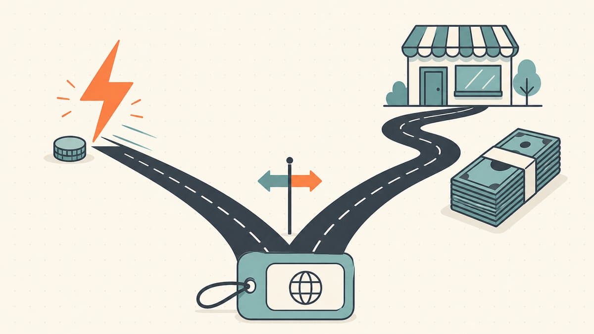 Editorial illustration of a domain at a fork in the road, one path leading fast to a coin for the wholesale channel and the other winding toward a storefront and a stack of cash for the end-user channel
