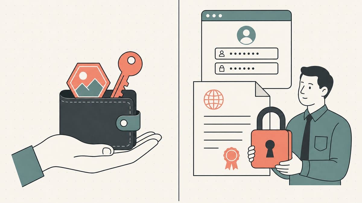 Editorial illustration of a self-custodied NFT name-token and key inside a wallet held in your hand, versus a leased registrar login and lease document locked by a third party
