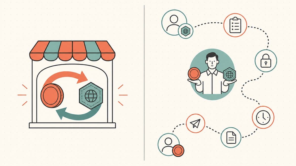 Editorial illustration of a one-step atomic swap at an NFT marketplace storefront versus a slow multi-step escrow path winding through a middleman