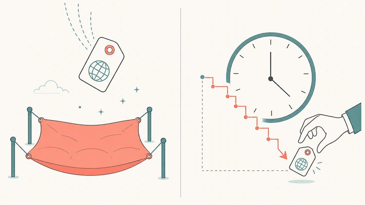 Editorial illustration of a forgiving grace-period safety net catching a falling domain tag versus a strict Dutch-auction clock with a descending price and a hand sniping the dropped name