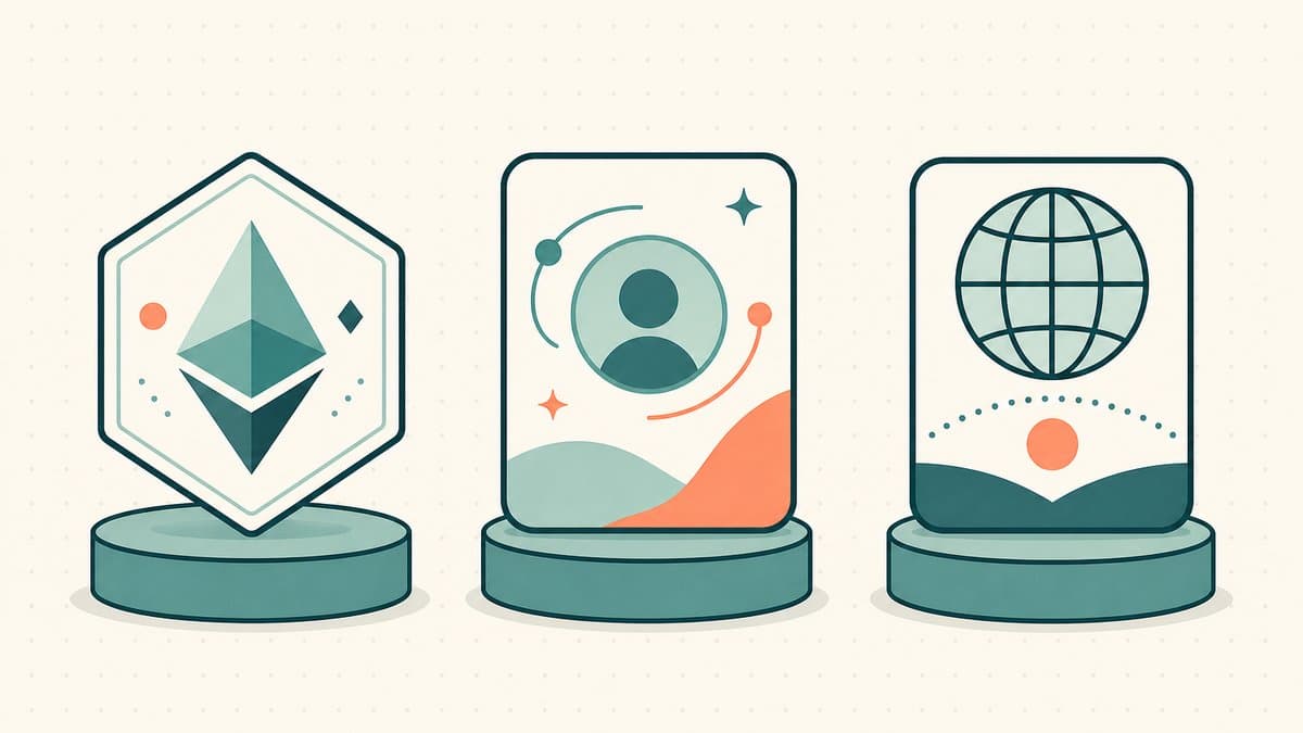 Editorial illustration of three name-token cards on small pedestals side by side — a hexagon .eth-style token, a rounded Web3 name badge, and a classic globe ICANN-domain card, in equal billing