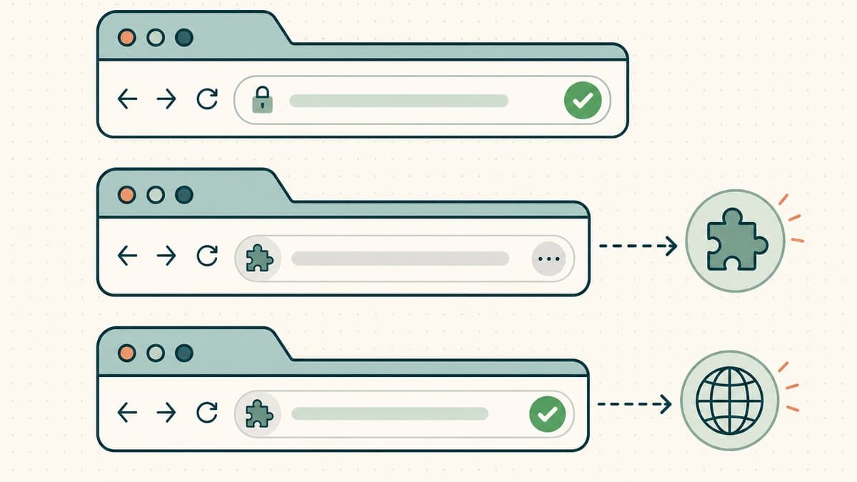 Editorial illustration of three stacked browser address-bar windows — the top shows a green checkmark while the other two need a small puzzle-piece gateway plugin before they resolve