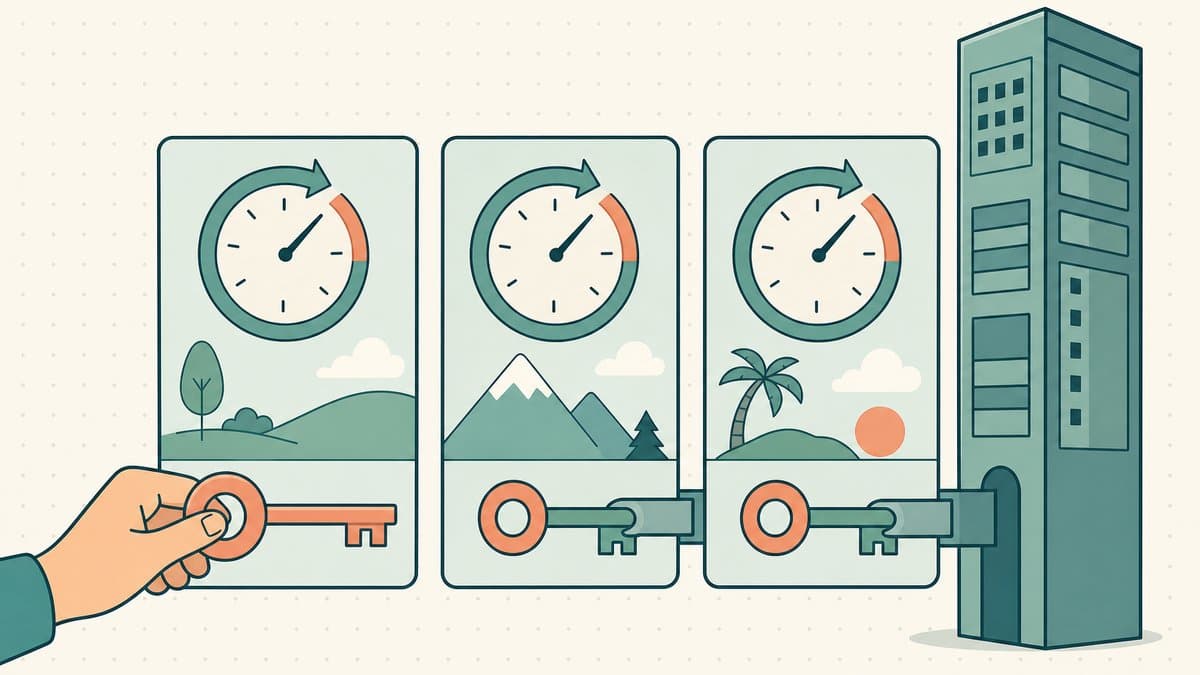 Editorial illustration of three control panels each with a renewal clock and a key — one key held fully by a user hand, the other two reaching into a tall registry tower