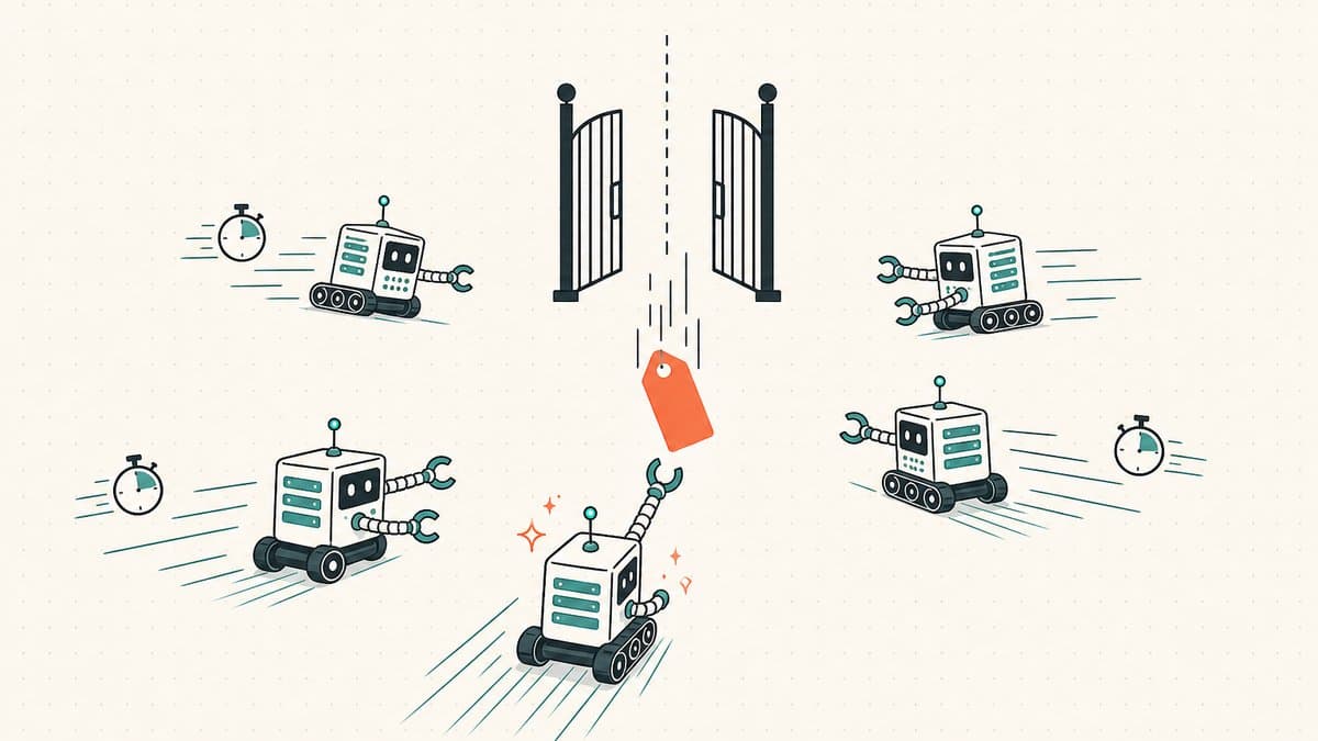 Editorial illustration of several automated robot servers racing through an open gate to catch a single falling domain tag the instant it releases