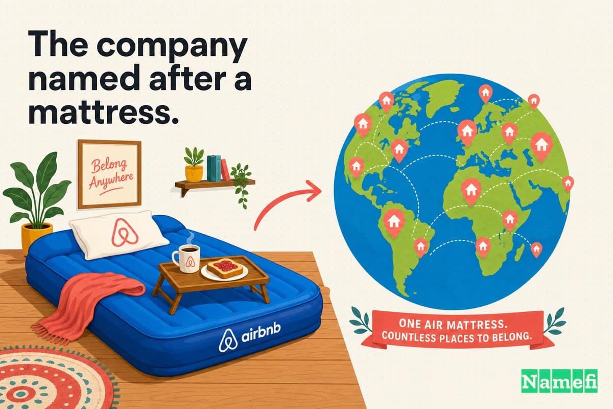 Playful illustration of an air mattress and breakfast tray growing into a global lodging network