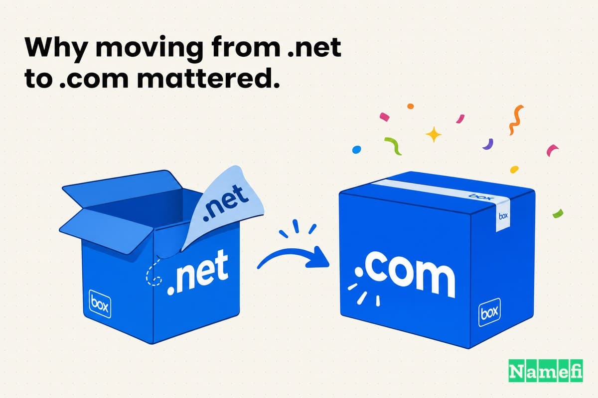 Vivid full-color editorial illustration of a Box-blue cardboard box labeled .net peeling off its suffix and becoming a brighter, more solid box labeled .com, in Box blue 0061D5 on a clean white background