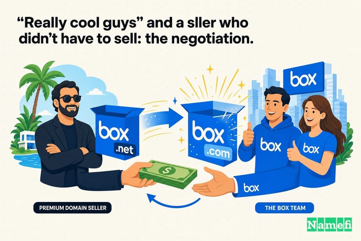 Vivid full-color editorial illustration of a Box-blue .net box transforming into a glowing Box.com box, money changing hands between a premium-domain seller and the Box team, in Box blue 0061D5