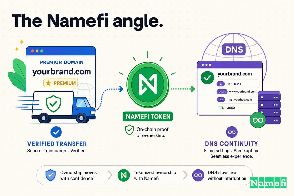 Colorful illustration of a premium domain moving through verified transfer, a green Namefi token, and DNS continuity