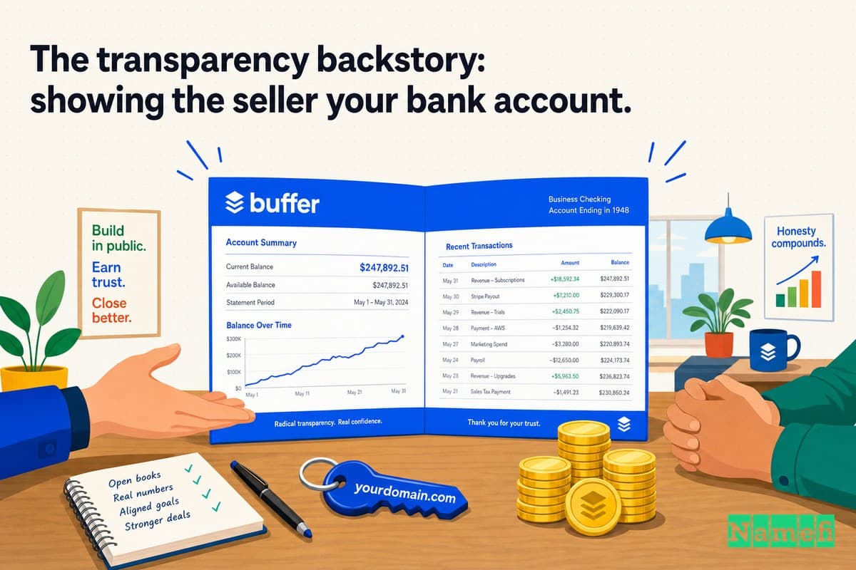 Vivid full-color editorial illustration of a Buffer-blue printed bank statement laid open on a negotiating table between two hands, glowing with radical openness, a queue of stacked coins beside a single domain key, set against an honest, brightly lit startup-office palette