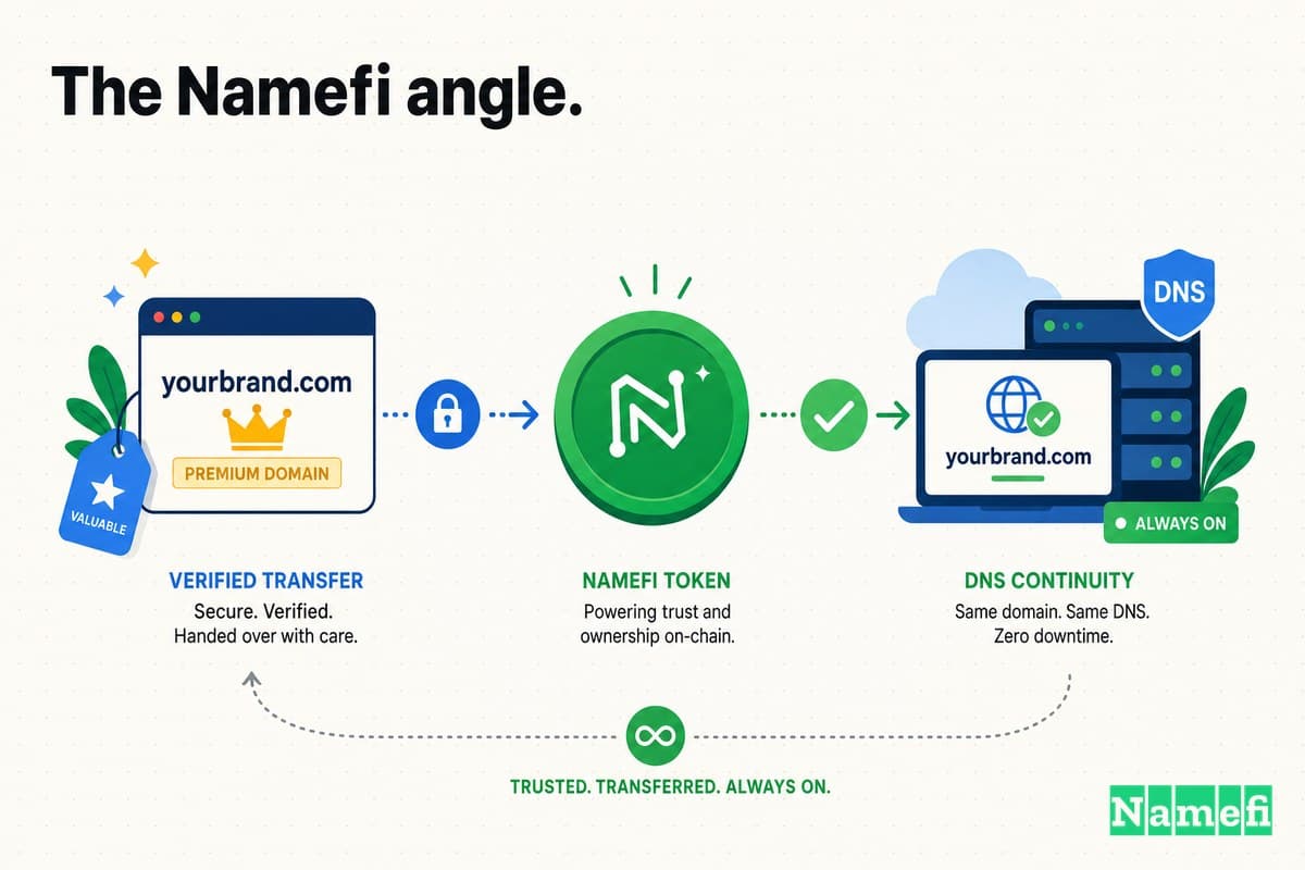 Colorful illustration of a premium domain moving through verified transfer, a green Namefi token, and DNS continuity