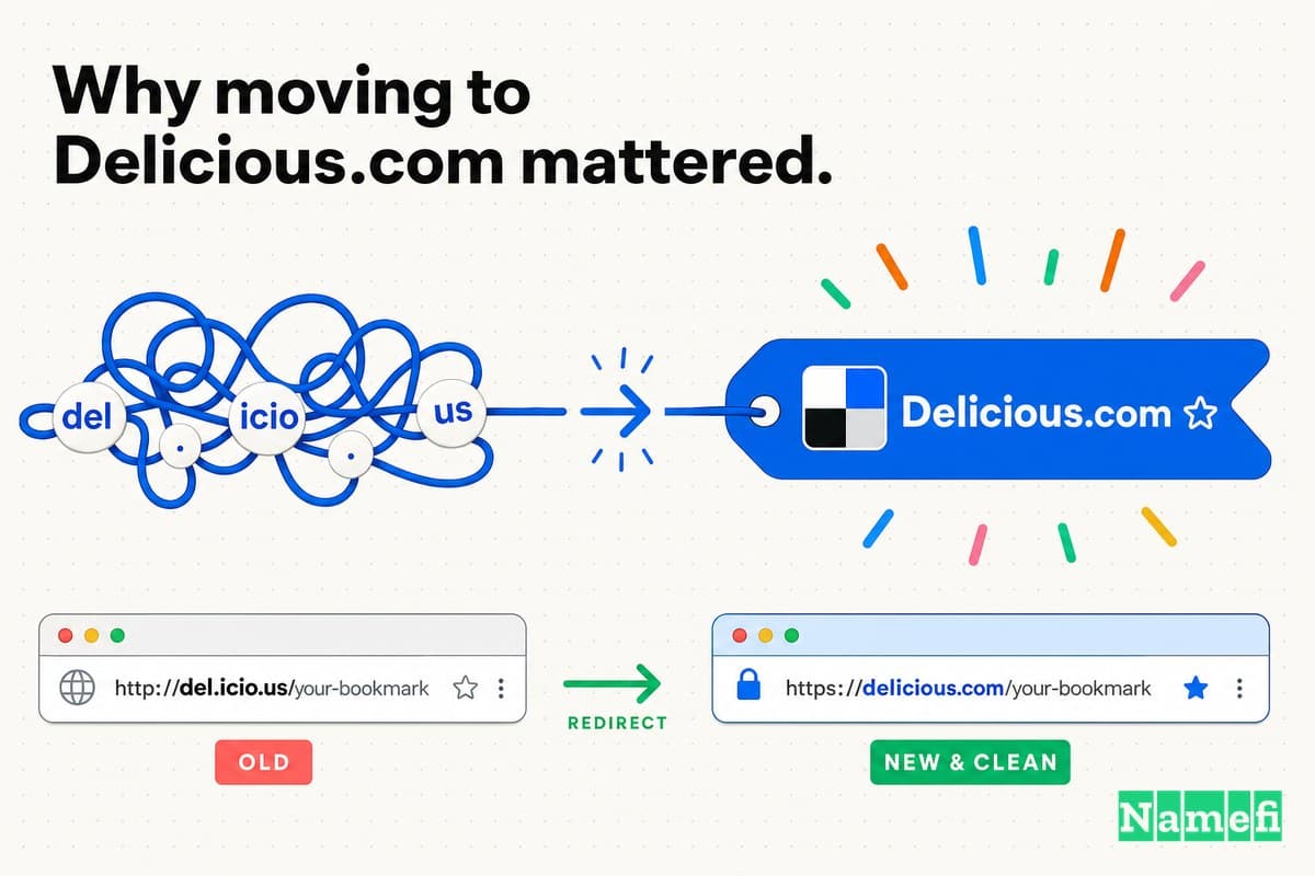 Vivid full-color editorial illustration of the rebrand: a tangled blue del-dot-icio-dot-us string straightening into one clean Delicious.com bookmark tag, an old browser address bar redirecting to a tidy new one