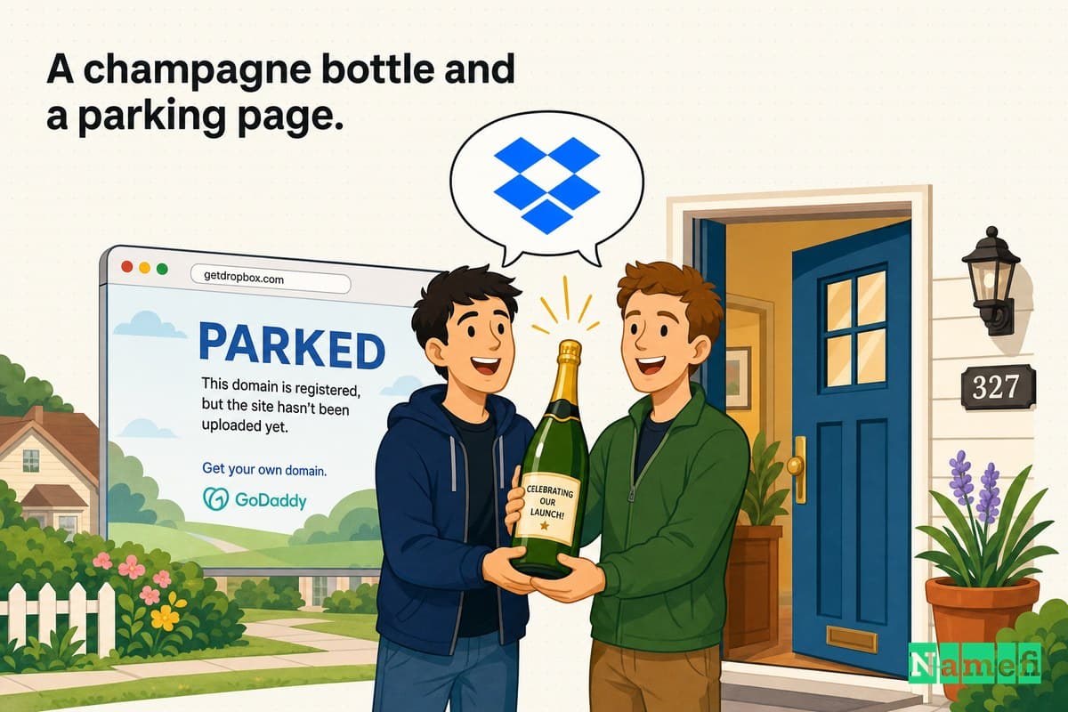 Warm illustration of two founders arriving at a domain owner front door with a champagne bottle to buy Dropbox.com