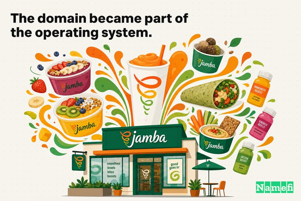 Vivid full-color illustration of a Jamba storefront where a single juice cup blooms outward into a colorful spread of smoothie bowls, plant-based bites, and boosts, all swirling in bright orange and green Jamba brand colors