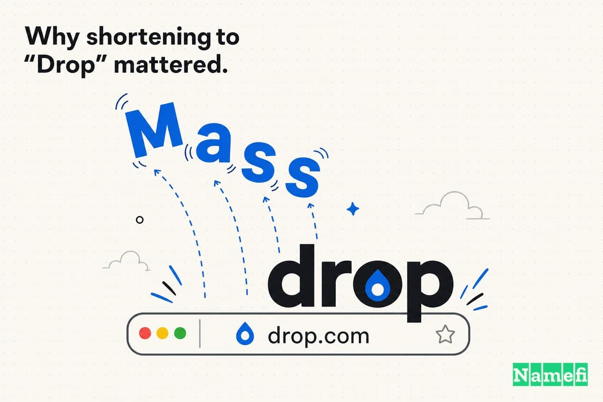 Colorful editorial illustration of the word Massdrop shedding its Mass prefix — letters lifting away in Drop's blue and black — to leave a single clean DROP wordmark on a domain bar