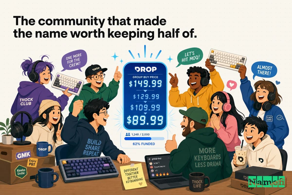 Colorful editorial illustration of an enthusiast group-buy — a crowd of mechanical-keyboard and headphone fans pooling around a glowing blue DROP order counter as a price ticker falls